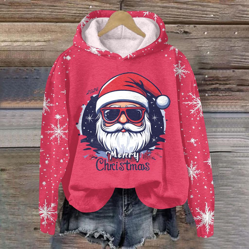 Women's Fashion Casual Pullover Plug Sleeve Christmas Printed Hooded Sweatshirt