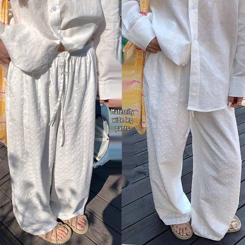 2026 Spring/Summer White Daisy Embroidered Maternity Wide-Leg Pants Large