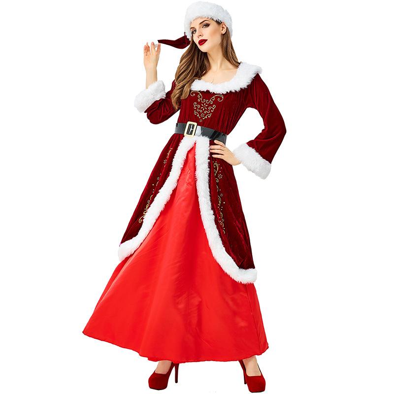 Adult Women Christmas Xmas Red Velvet Hat Dress Gown Set Halloween Role Play Dress Up Cosplay Costume