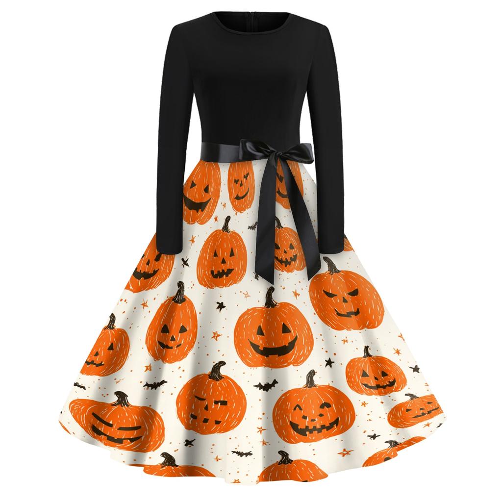 Women's Casual Vintage Halloween Dress Long Sleeve Round Neck A-Line Retro Print Midi Dress with Waist Tie for Autumn and Winter