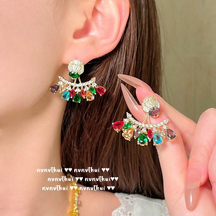 Papalacha Rainbow Raindrop Gem Necklace, Antique, 18K Gold Plated, Lady Rouge Flower Zircon Earrings