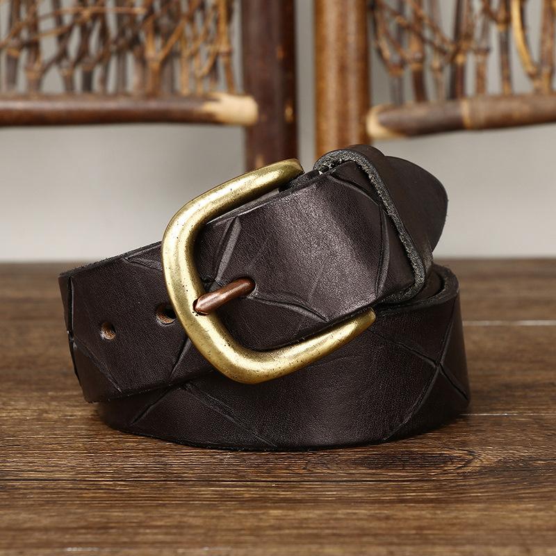 Belt Men's Handmade Knife Marks Leather Pin Buckle Personality Trendy Korean Style First Layer Cowhide Belt Men
