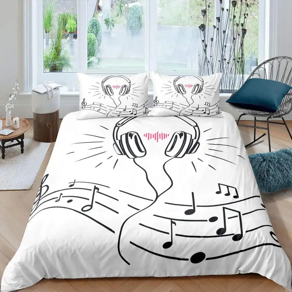 Headphones Duvet Cover Full Queen Size Music Theme Headphone Comforter Cover Musical Note Bedding Set for Youth Teens Room Decor