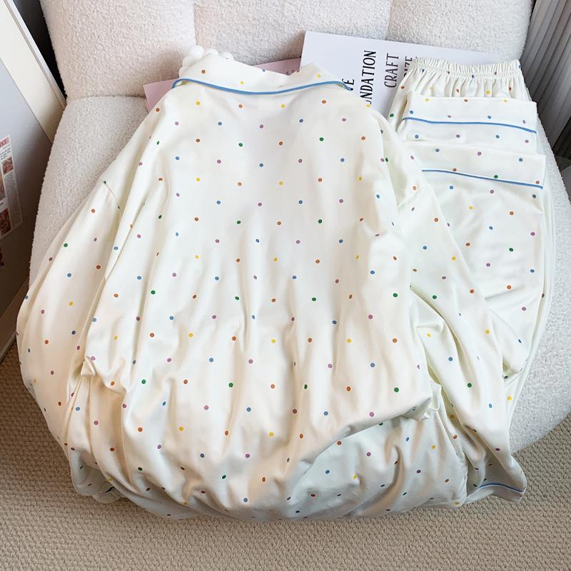Colorful Polka Dot Cartoon Print Women's Pajamas Korean Style Lazy Breast Silk Pajamas Autumn and Winter New Home Set