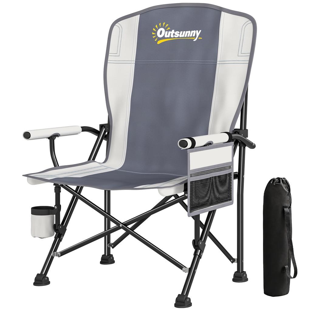 Padded Camping Chair Adults Heavy Duty Folding Chair Side Pocket Cup Holder Carry Bag Outdoor Light Grey