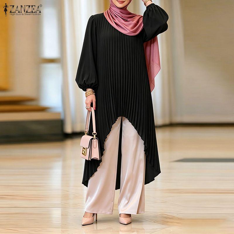ZANZEA Women Casual Round Neck Long Sleeve Loose Irregular Pleated Blouse