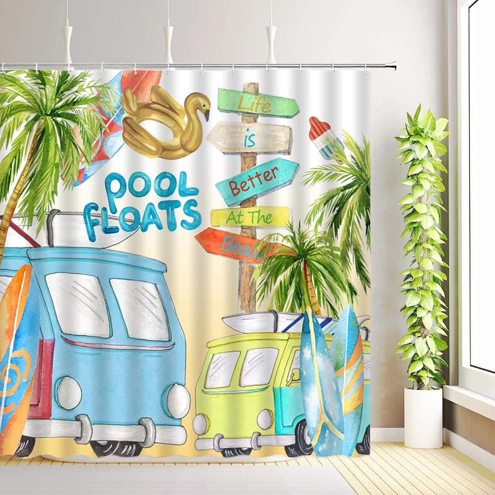 Beach Surf Camper RV Shower Curtain Tropical Palm Tree Travel Camping Car Summer Ocean Surfboard Bathroom Decoration with Hooks