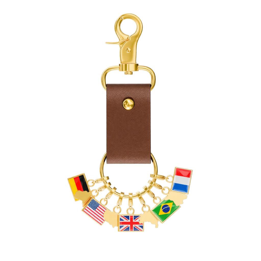 DIY World Travel Souvenir Keychain Leather Strap with Multiple Country Flag Charms Germany USA UK Brazil France Travel Accessory