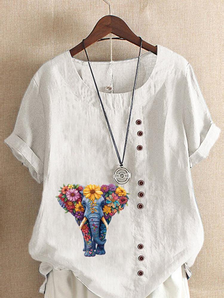 Women's Fashion Flower Elephant Print Round Neck Short Sleeve T-shirt Casual Cotton Linen Graphic Shirt Leisure Loose Summer Blouse Tops
