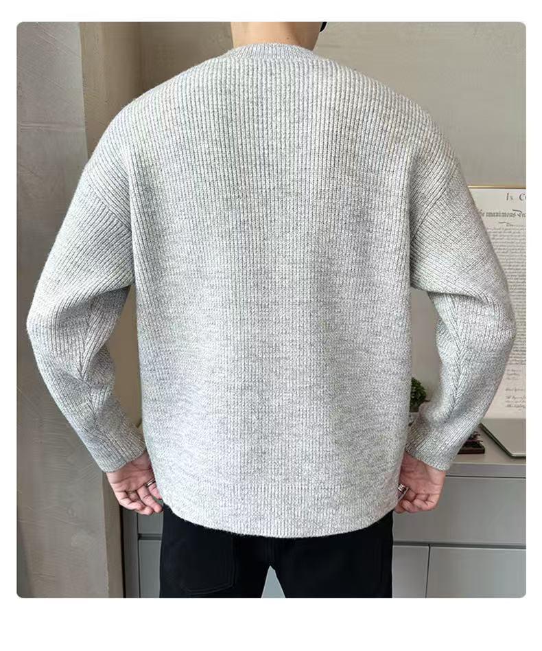 Gray Retro Henley Neck Men's Winter Sweater - Warm, High-End Knit for Cold Protection