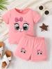 Cute Baby Girl 3D Print Short Sleeved Cartoon Cat Pattern Top Simple Shorts Two-piece Set for Spring and Summe