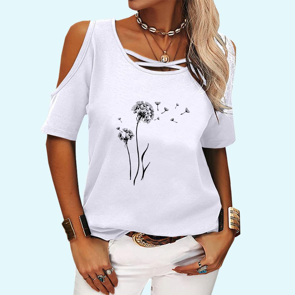 Women Casual Floral Print T-shirt Fashion Off Shoulder Top Ladies O Neck Short Sleeve Tee Shirt