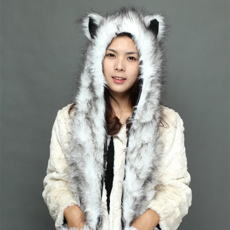 Faux Fur Fox Hat With Ears Scarf Gloves Combo Cute Cartoon Winter Warm Headwear Adults
