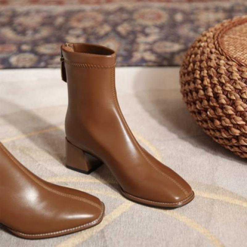 Riesen Komfort Nische Quadratkopf Außergewöhnliche Britische Mittelhohe Stiefel Braun Dicker Absatz Skinny Stiefel Damen Kugel
