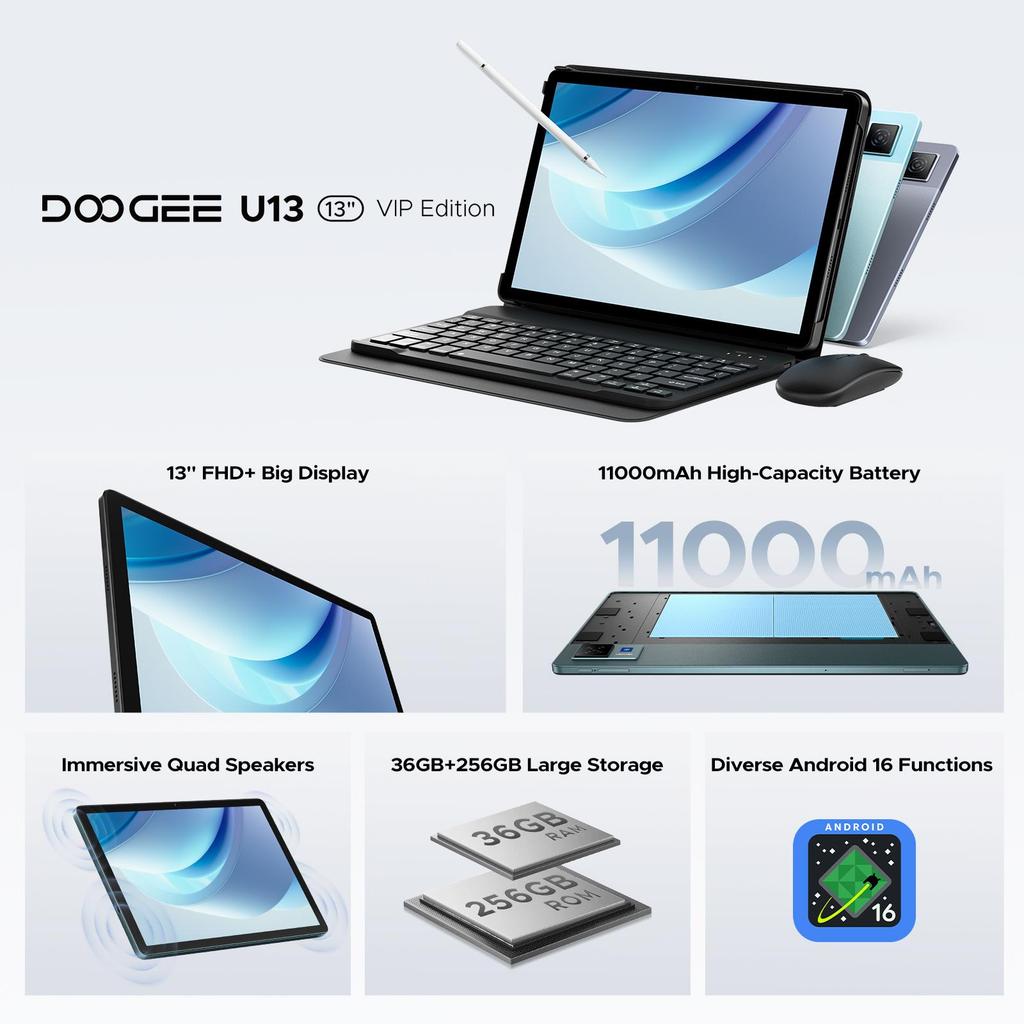 DOOGEE U13 Android 16 Tablet 13 inch Tablets, 32GB RAM+256GB ROM(2TB TF), 11000mAh Tablet with Keyboard Mouse Pen Case