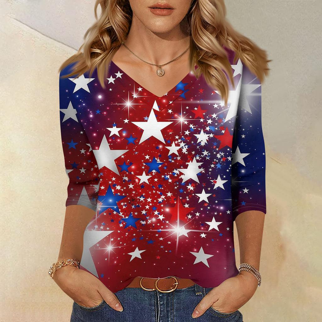 Women's Fashionable Casual Independence Day American Flag and Stars Print V-Neck Three-Quarter Sleeve T-Shirt Top