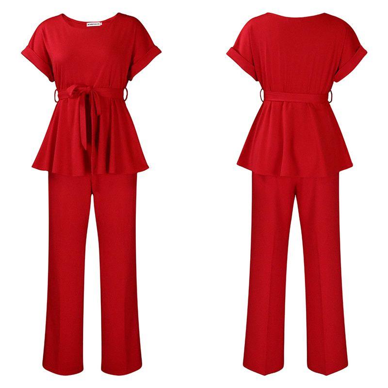

Women 2 Set Suit Ladies Clothes Tied Top High Waist Loose Pants Casual Suit Female Red XXXL