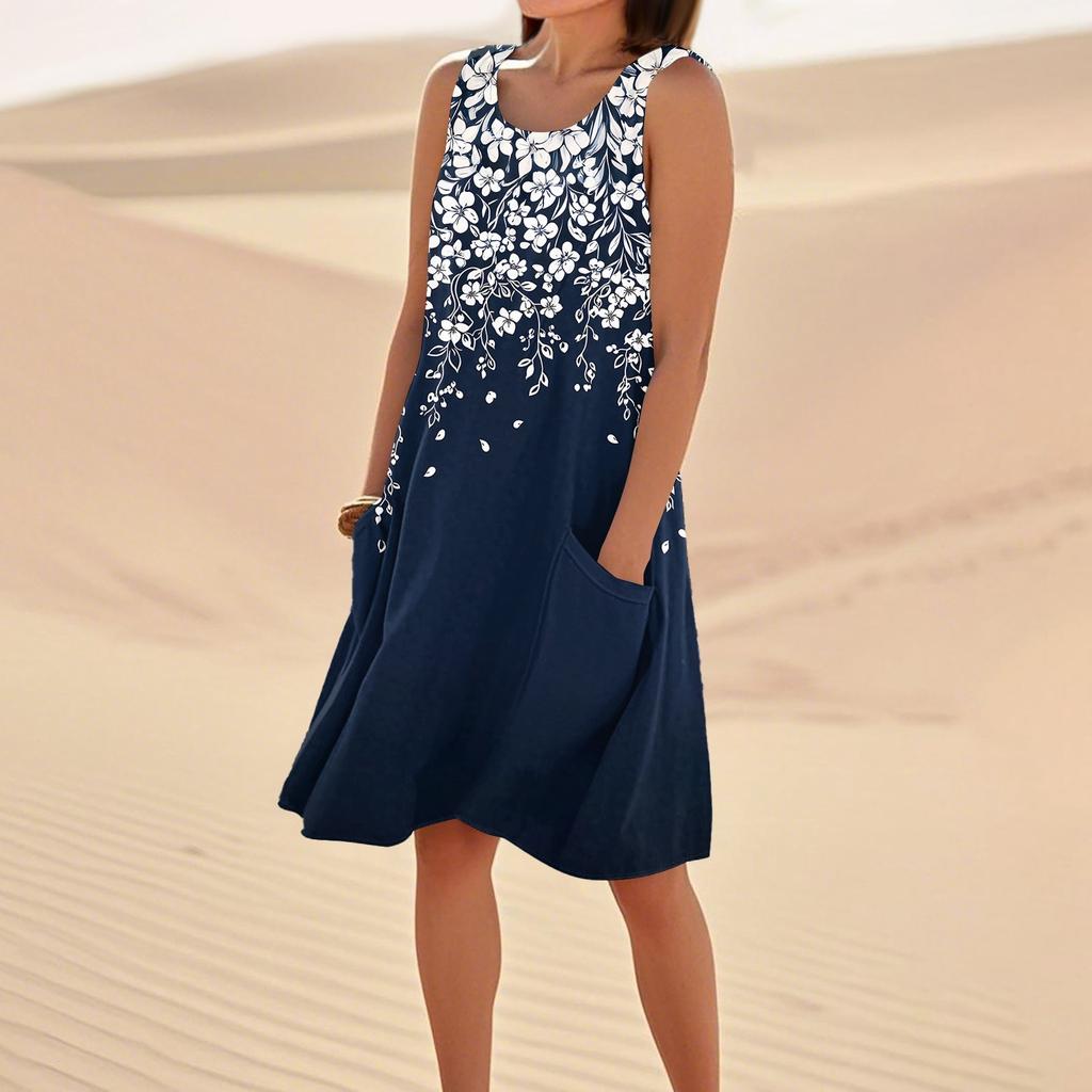 Print Dresses For Women Loose Beach Vacation Casual Sleeveless Sundresses With Pockets Tank Dress