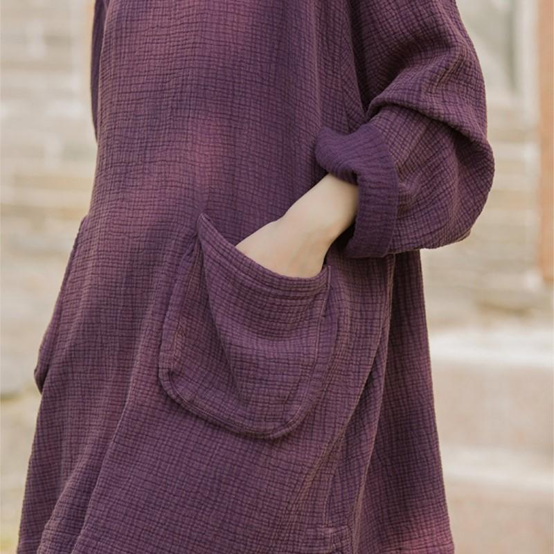 Johnature Women Vintage T-Shirts O-Neck Long Sleeve Patchwork Pockets Autumn Solid Color Loose T-Shirts