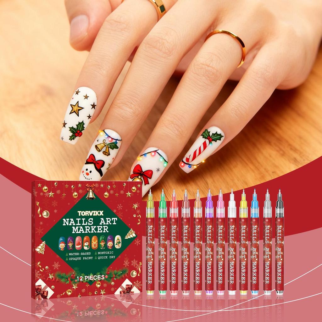 Torvikx DIY Christmas Nail Art Graffiti Pen - Fine Tip, Highly Pigmented, Smudge-Proof Nail Painting Pen