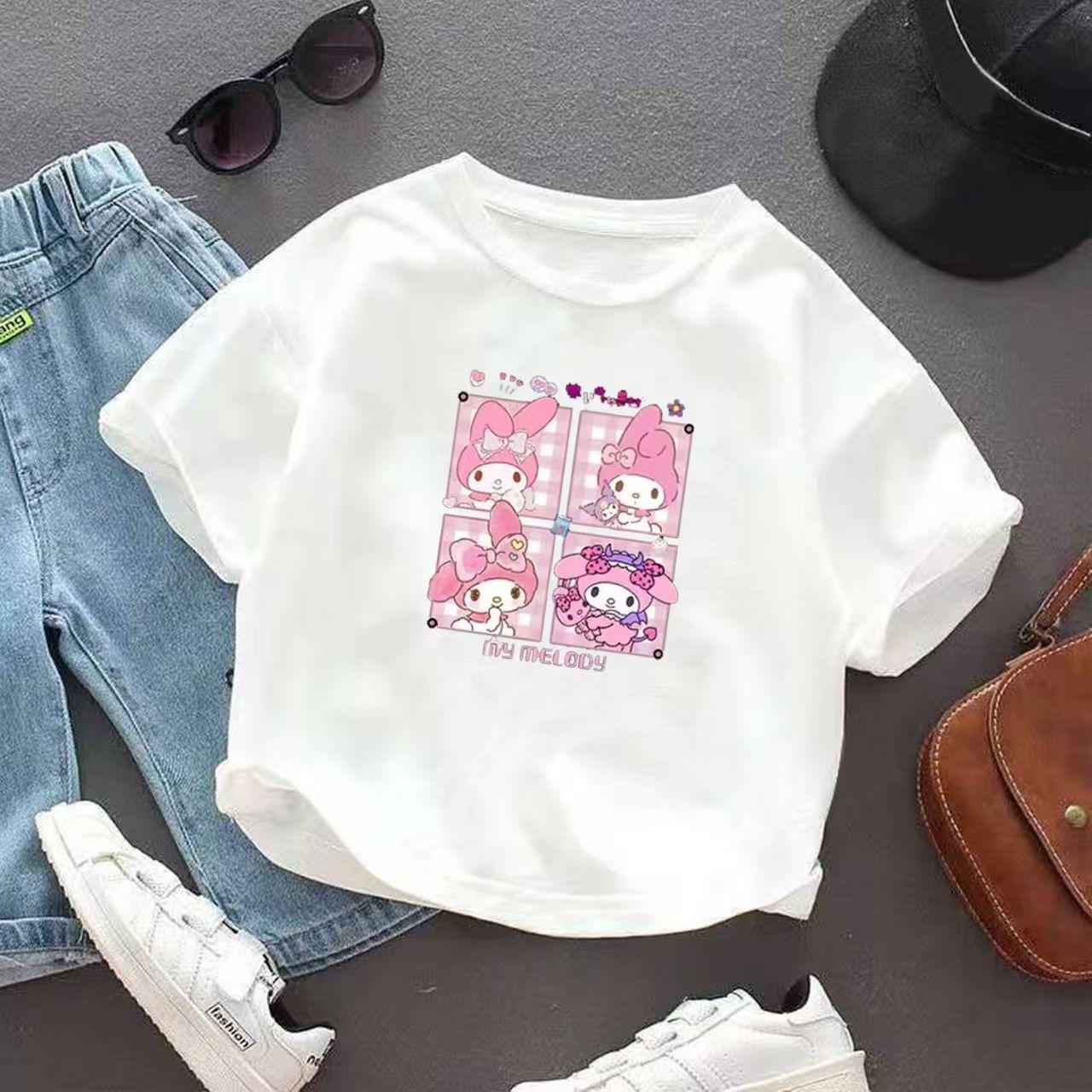 

Sanrios 2026 Summer New Design My Melody Graffiti Cartoon Print Pure Cotton Breathable Childrens ShortSleeved TShirt S