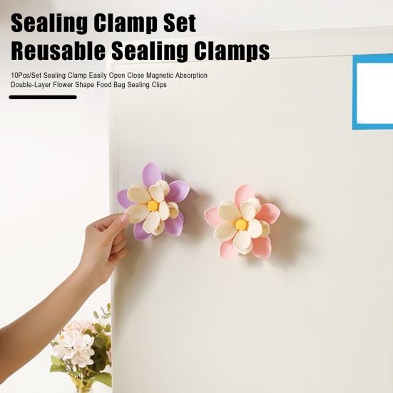 10Pcs/Set Sealing Clamp Easily Open Close Magnetic Absorption Double-Layer Flower Shape Food Bag Sealing Clips