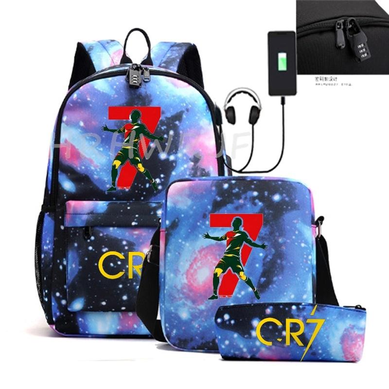 Sports Casual CR7 Backpacks 3pcs Simple Lightweight Capacity Teens Laptop School Bags Women Men Travel USB An-ti Lock Mochilas