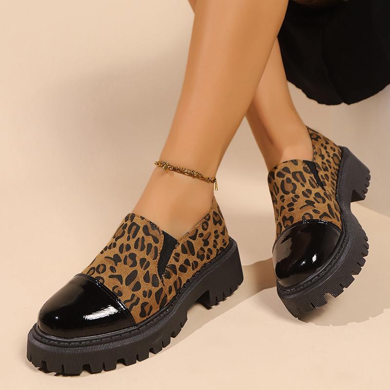 Fashion Women's Chunky Platform Loafers Leopard Print Slip On Casual Shoes Woman Fashion Patent Leather Thick Sole Dress Shoes Plus Size