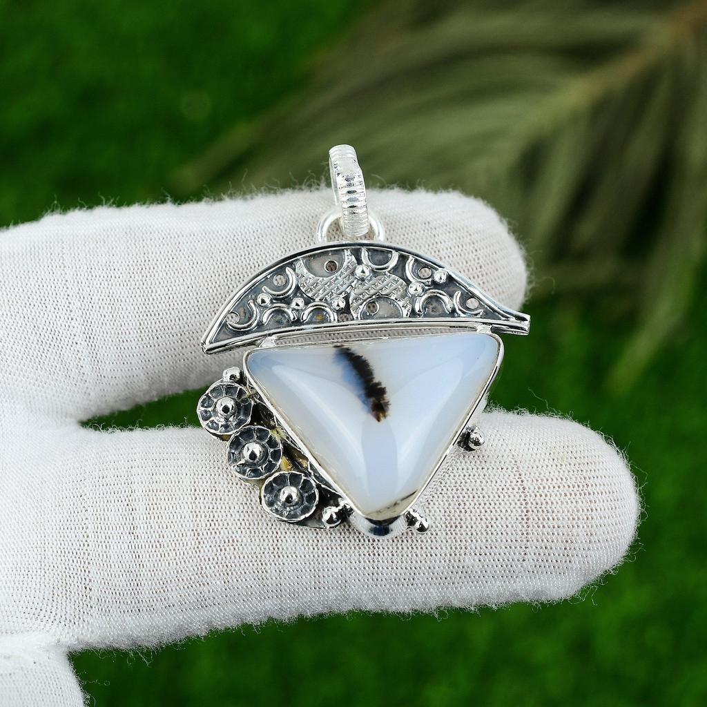 Trillion Dendrite Tiger Stone 925 Sterling Silver Bezel Daughter Wedding Pendant