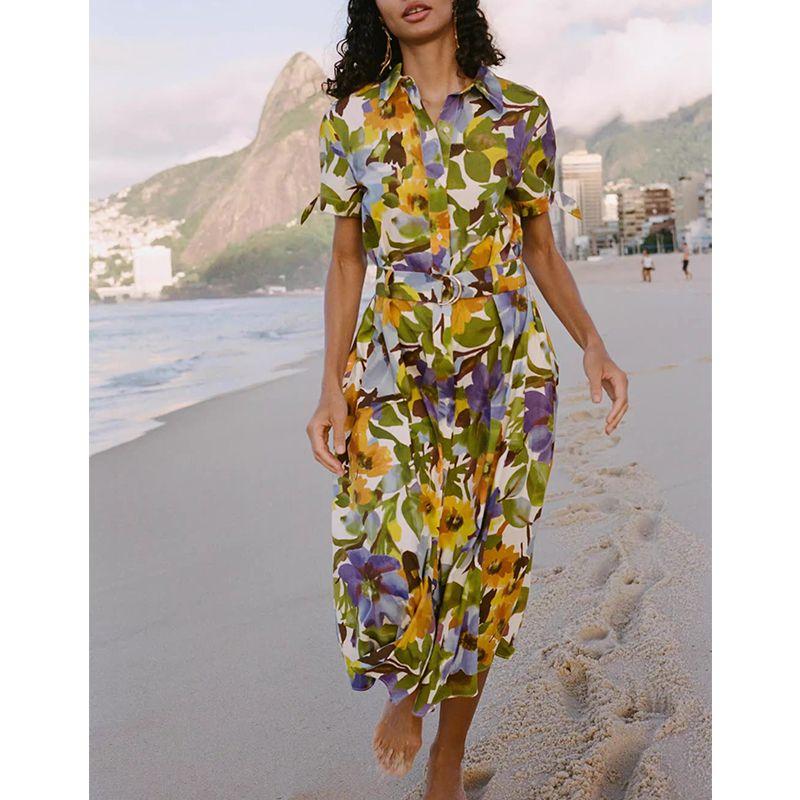 Summer Women's Clothing Bowknot Decoration Print Poplin Short Sleeve Midi Skirt Dress 2944303 2944340