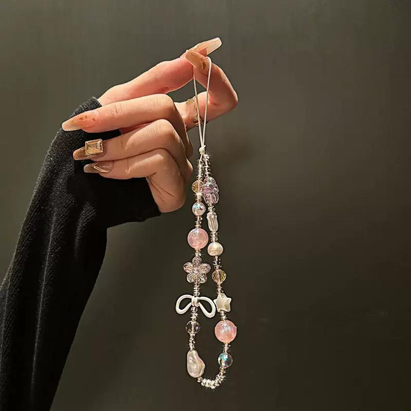 

Y2K Clear Butterfly Bead Phone Strap Charm Chain Knot Cellphone Lanyard Keychain Bag Camera Bowknot Pendant For Airpods Cover