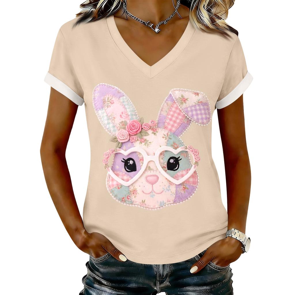 Women's Casual Printed T-Shirt V Neck Pullover Short Sleeve Top