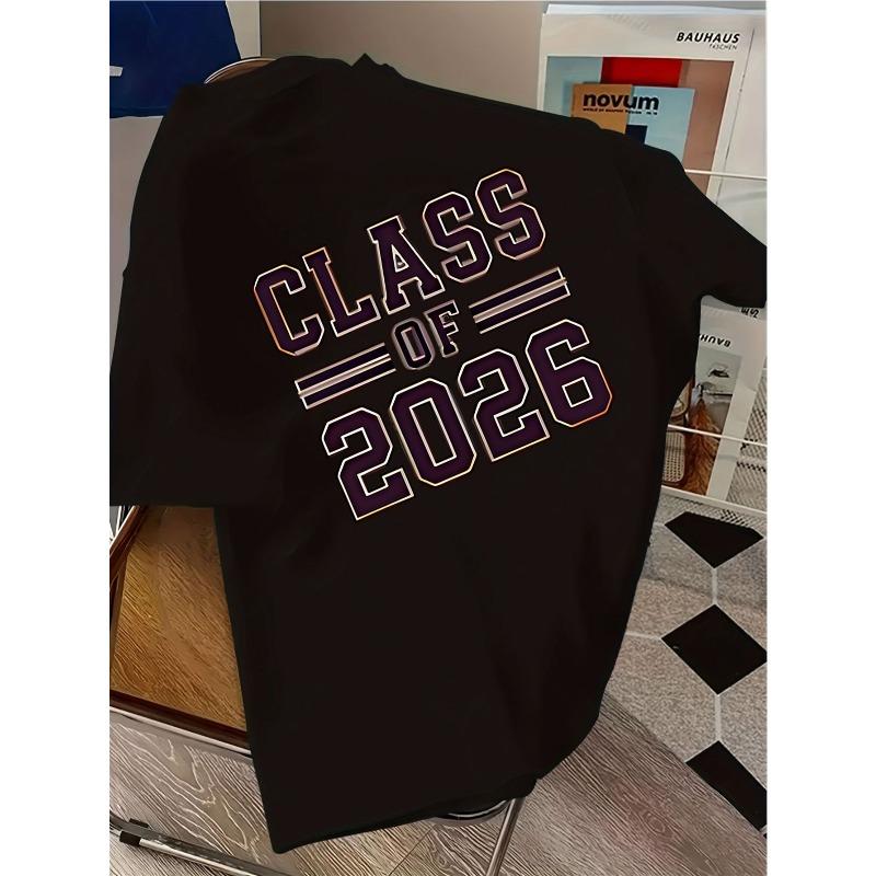 European sizes A Loose Short-Sleeve T-Shirt with The Text 'CLASS OF 2026' Displayed Against a Wooden Background, Perfect for Graduation Season