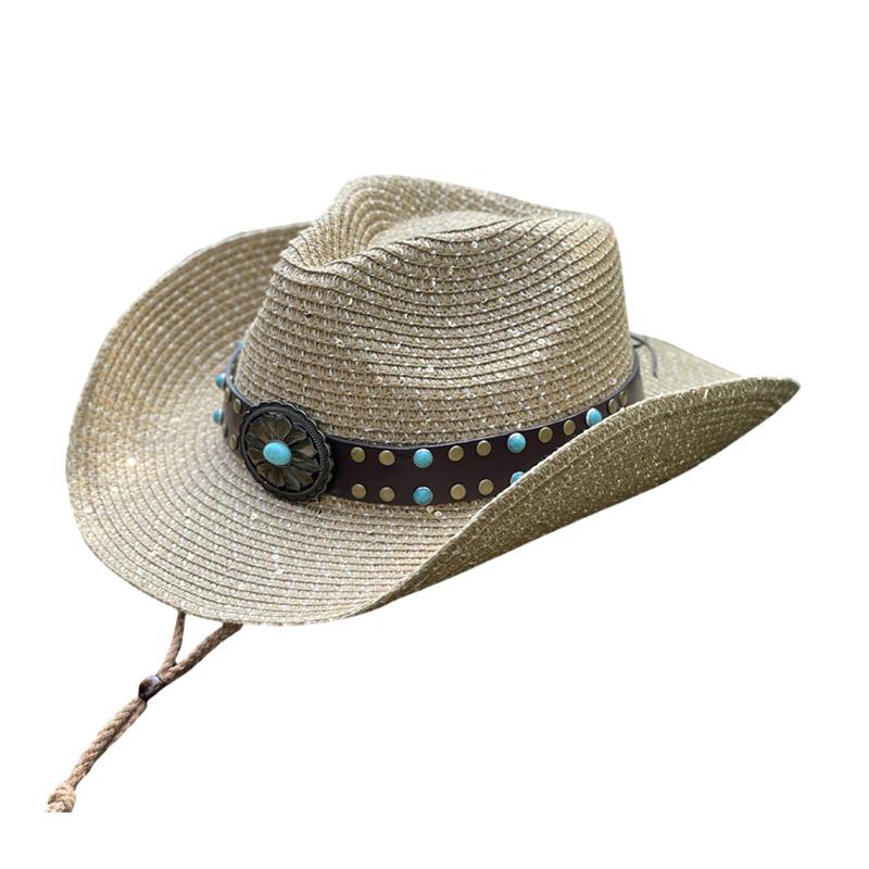 Turquoise totem belt straw hat outdoor travel sunscreen sunshade mountaineering Tibetan hat western cowboy hat