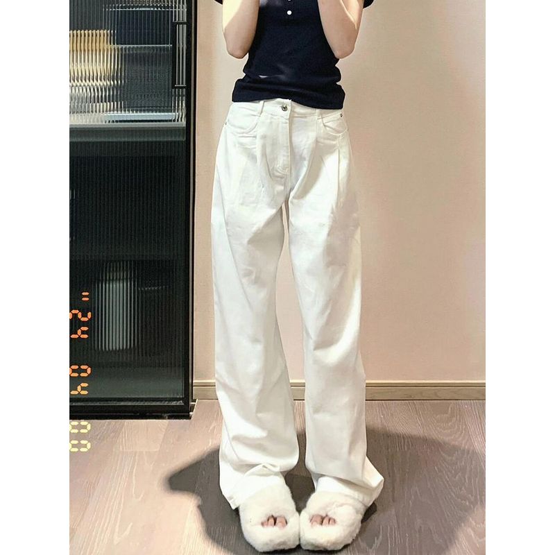

145 Small American White Casual Wide Leg Denim Female High Waist Loose and Slimming Ruched Straight Mopping Pants White pants 156-165 XL