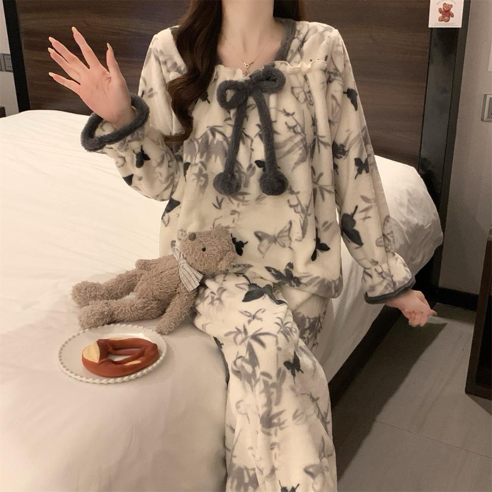 Women Flannel Pajama Set Winter Thick Warm Square Neck Long Sleeve Princess Style Bow Butterfly Casual Loungewear Home Sleepwear