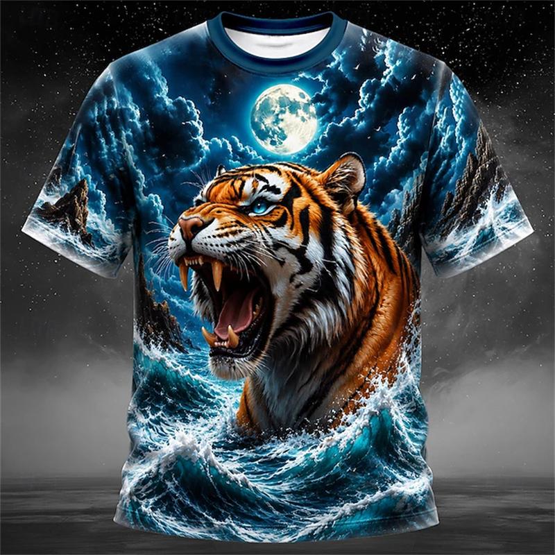 New Men's Summer Crew-Neck Short-Sleeve T-Shirt with Retro Tiger Print Breathable Casual and Loose-Fitting Mens Short-Sleeve Top
