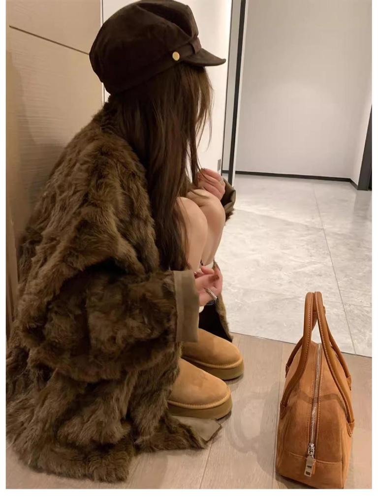 Damen Mittellanger Faux Nerz Wildleder Mantel - Wintergefärbte Spitze Lässiger Stil Übermantel