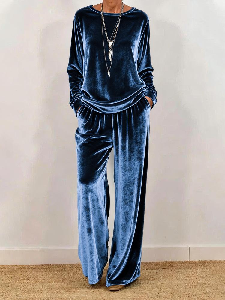 Women's Velvet Long Sleeve Top and Wide Leg Pants Set In 5 Colors