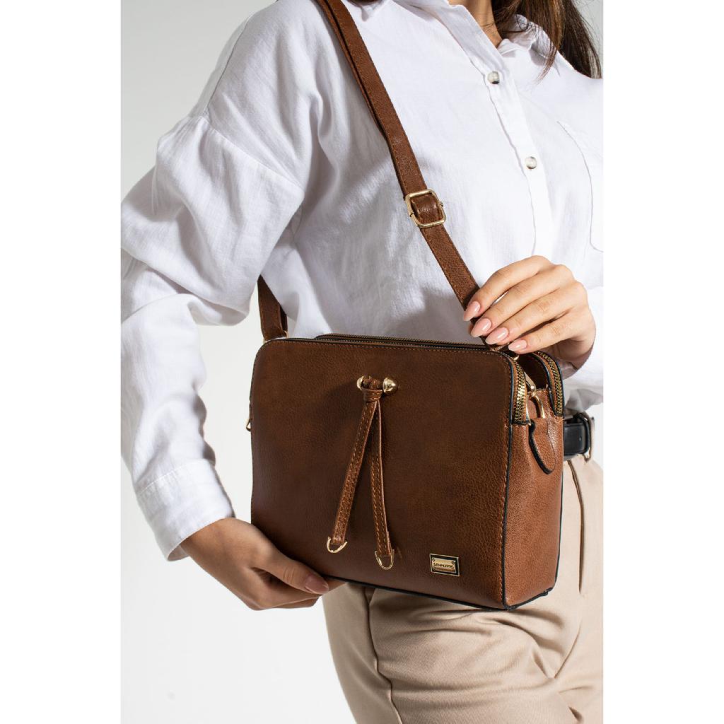 Women's Faux Leather Adjustable Cross Strap 3 Compartment Metal Zipper Shoulder Bag