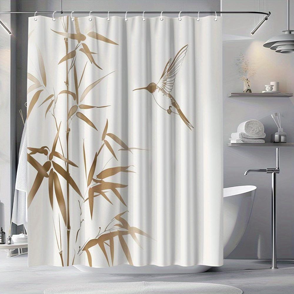 1 ks Zlatá textura Chinoiserie Závěs do sprchy - Bambus a Kolibříci, 12 Háčků, Polyester, Voděodolný, 71x71