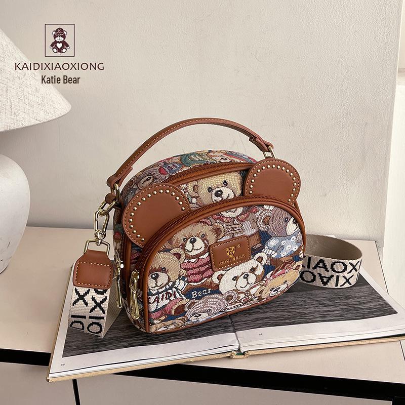 Katy Bear Embroidered Crossbody Bag - 2025 New Style Fashionable and Versatile Women's Shoulder Bag with Cute Bear Design.