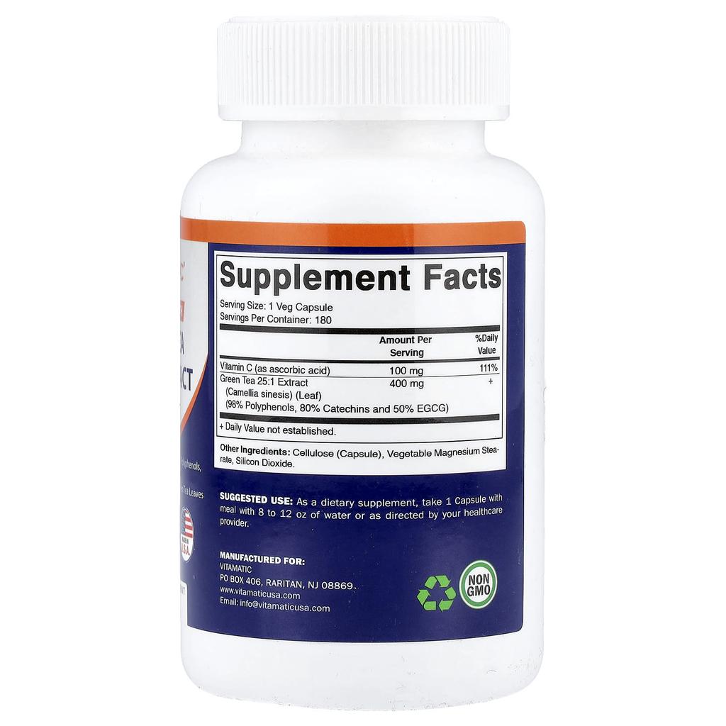 Vitamatic, Green Tea, 25:1 Extract, 180 Veggie Capsules