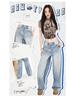 Women's Light Blue High-Waisted Ripped Straight-Leg Jeans - Street Style, Autumn/Winter, Loose Fit, Slimming Effect.