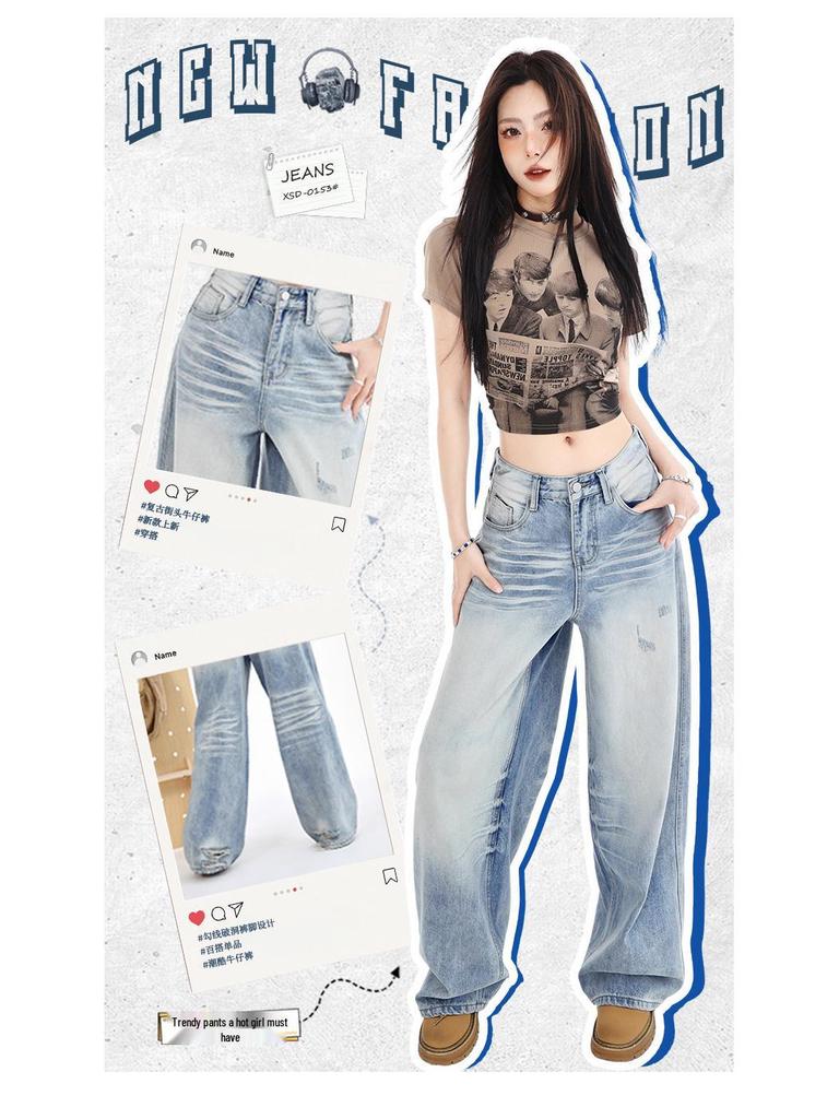 Women's Light Blue High-Waisted Ripped Straight-Leg Jeans - Street Style, Autumn/Winter, Loose Fit, Slimming Effect.