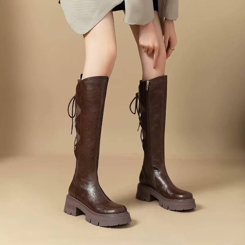 Design Sense Leather Round Toe Platform Knight Boots Women'S Vintage Rear Lace-Up Thick High Heel Thigh Boots