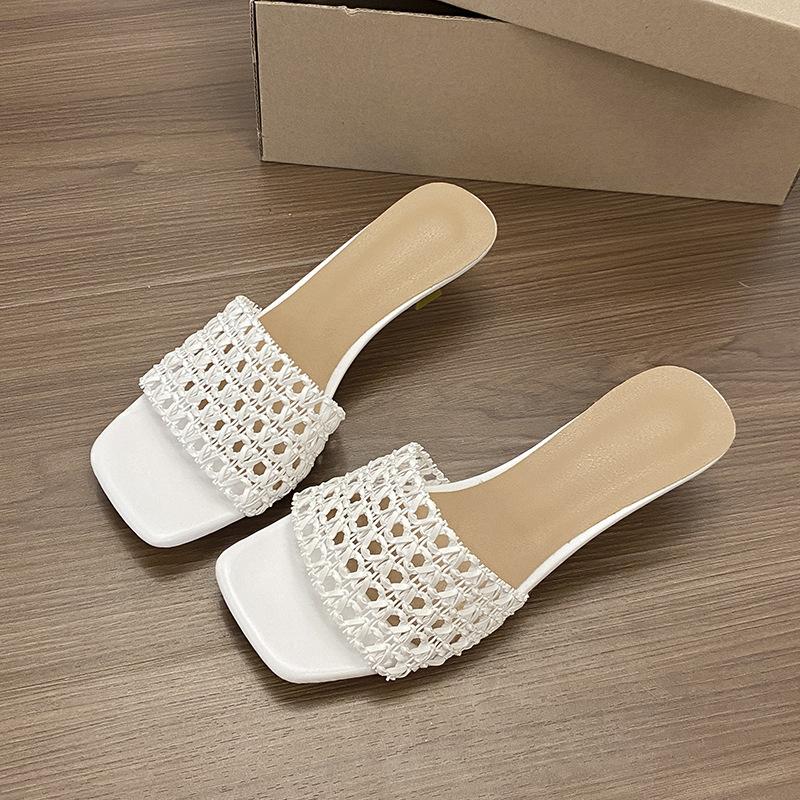 French Gentle Woven Hollow Cool Slippers Women's Summer Wear Square Toe Sexy Simple High-heeled Slippers