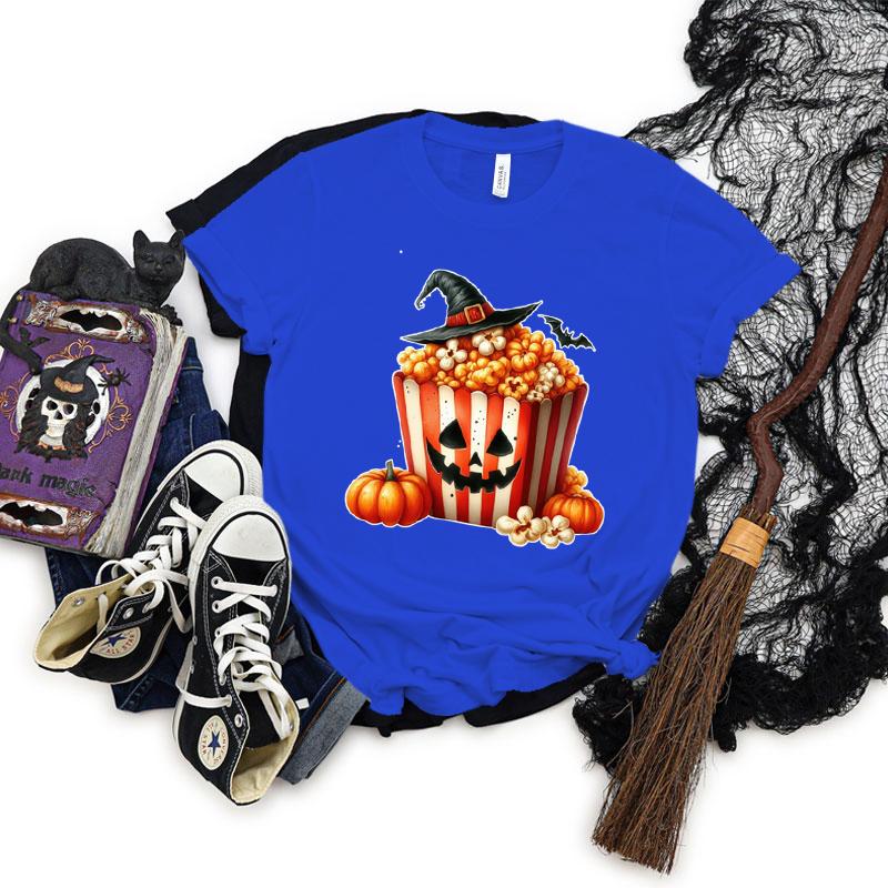 Halloween Popcorn Graphic Short Sleeve Tshirt Women Pumpkin Witch Hats Graphic Classic Tops Horror Popcorn Halloween Tshirts