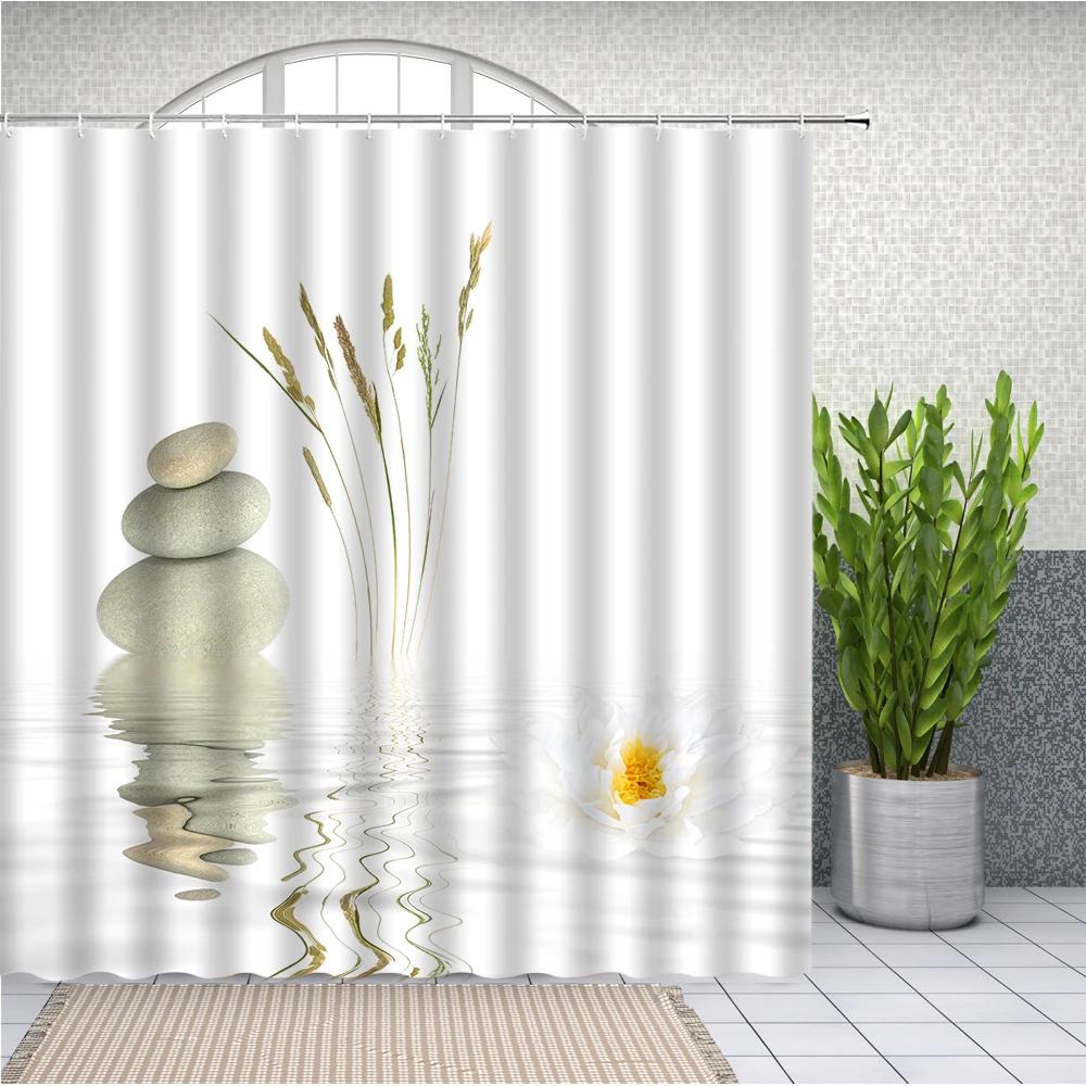 Stones And White Lotus In Water Shower Curtain Zen Spa White Bathroom Waterproof Extra Long Polyester Fabric For Bathtub Decor