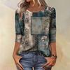 Trendy Vintage 3/4 Sleeve Top For Women ,Ladies Casual Three Quarter Sleeve Round Collar Printed T-Shirt Blouse